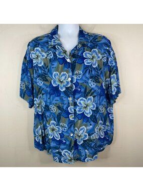 Vintage Floral CAMP Shirt Top Womens 18 Blue Button Up Hiking Hawaiian Party